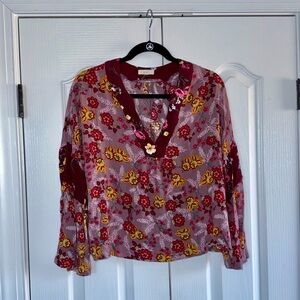 Easel Floral V-Neck Women's Top - Red and Yellow